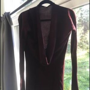 Serenity sweater dress. Maroon on one side and light maroon on the other.